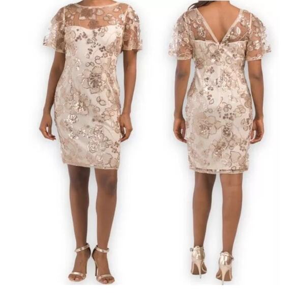 NWT ADRIANNA PAPELL DRESS 10 SEQUIN FLORAL SHEER GOLD FLUTTER SHORT SLEEVE TAN - Picture 1 of 12